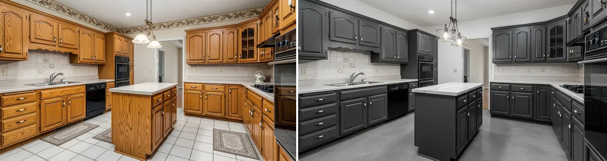 Avant après covering cuisine chêne années 90 vers gris anthracite
