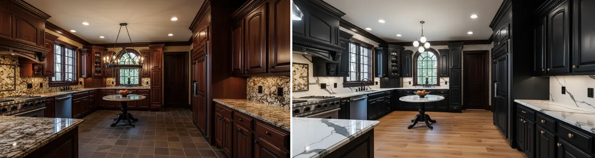 Avant après covering cuisine cherry bois sombre vers noir mat luxe marbre