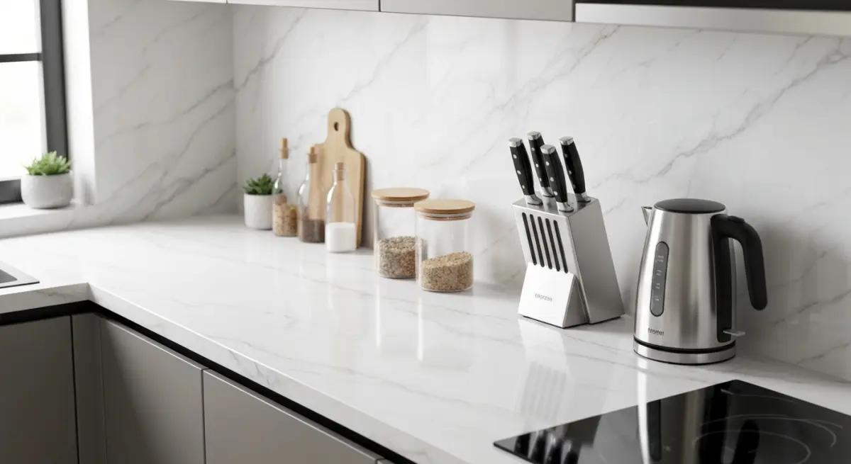 Plan de travail recouvert de film adhésif effet marbre