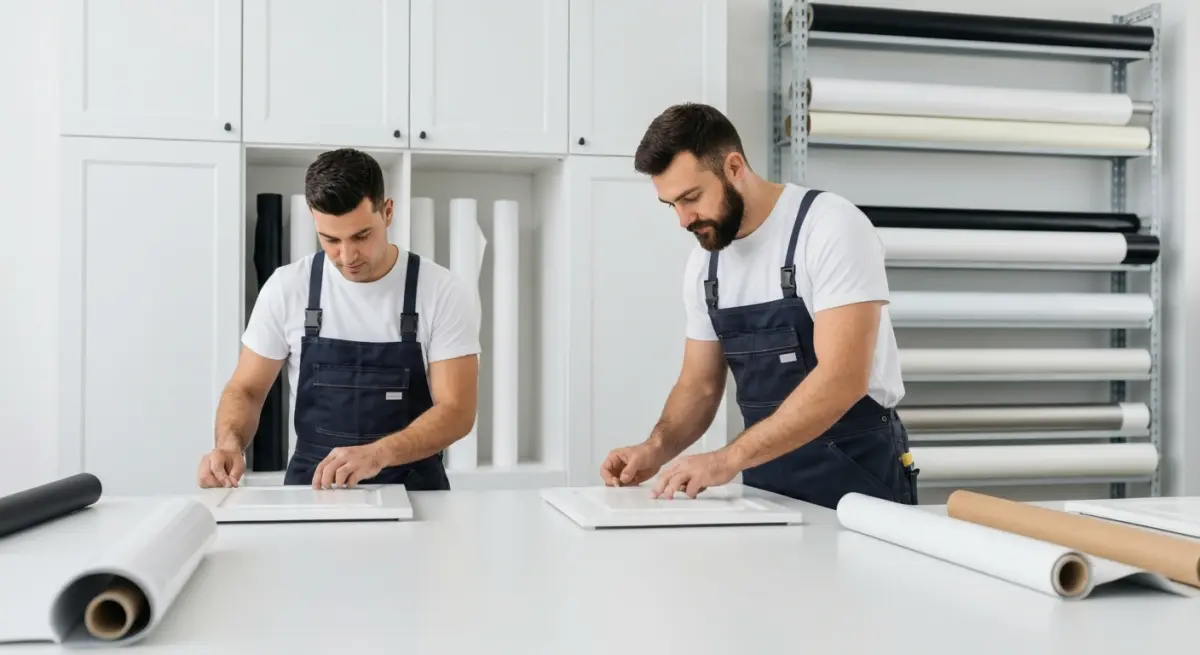 Equipe professionnelle de covering cuisine en atelier