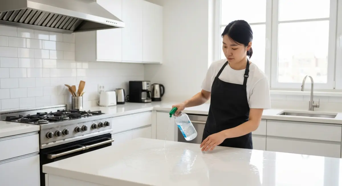 Application de film adhésif sur un plan de travail de cuisine