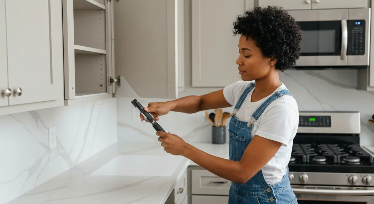 Poseur professionnel appliquant du covering sur un meuble de cuisine